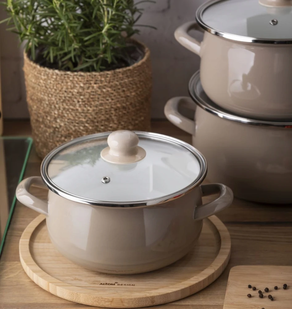 1,9 l emaliuotas puodas su stikliniu dangteliu, dujų indukcija, Altom Design taupe