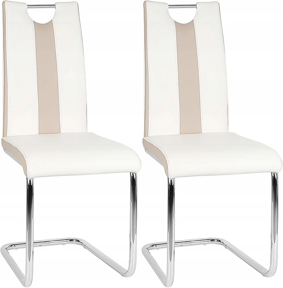 2 aukštos atlošo dirbtinės odos valgomojo kėdės, 50 cm, baltos ir smėlio spalvos