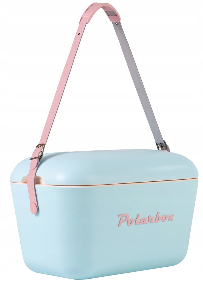 20L mėlyna šaldymo dėžė - rožinė logo ir dirželis - POLARBOX