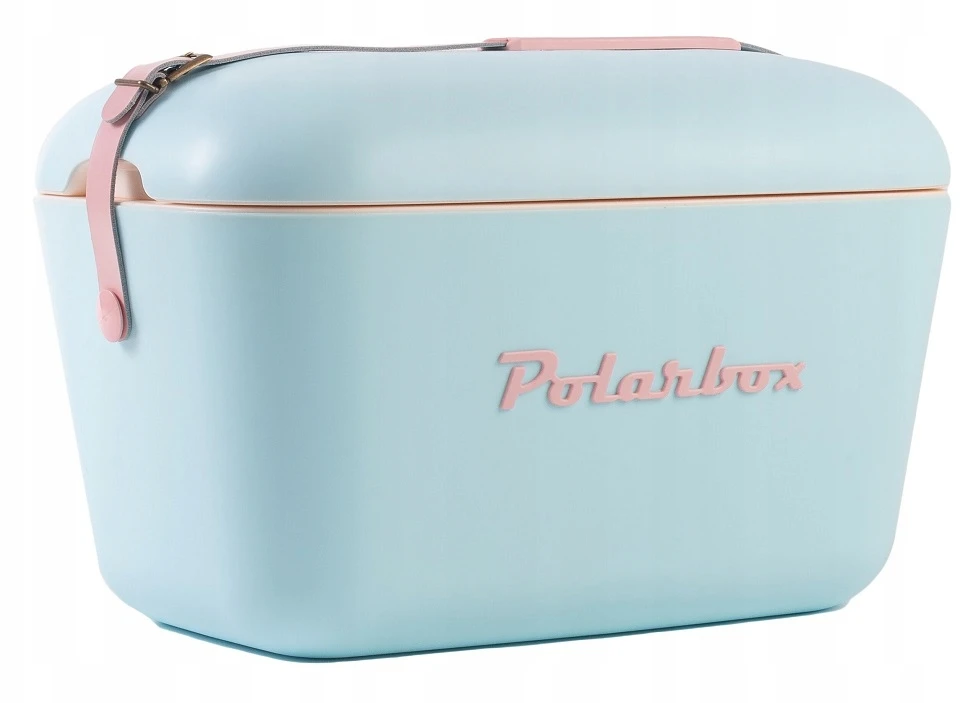 20L mėlyna šaldymo dėžė - rožinė logo ir dirželis - POLARBOX