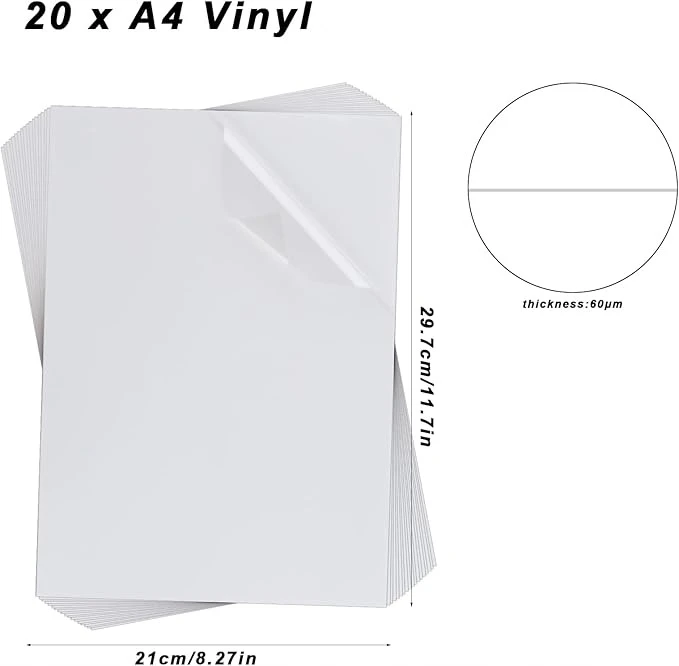 20x lipnūs permatomo popieriaus vinilo plėvelės lipdukai, skirti A4 spausdinimui