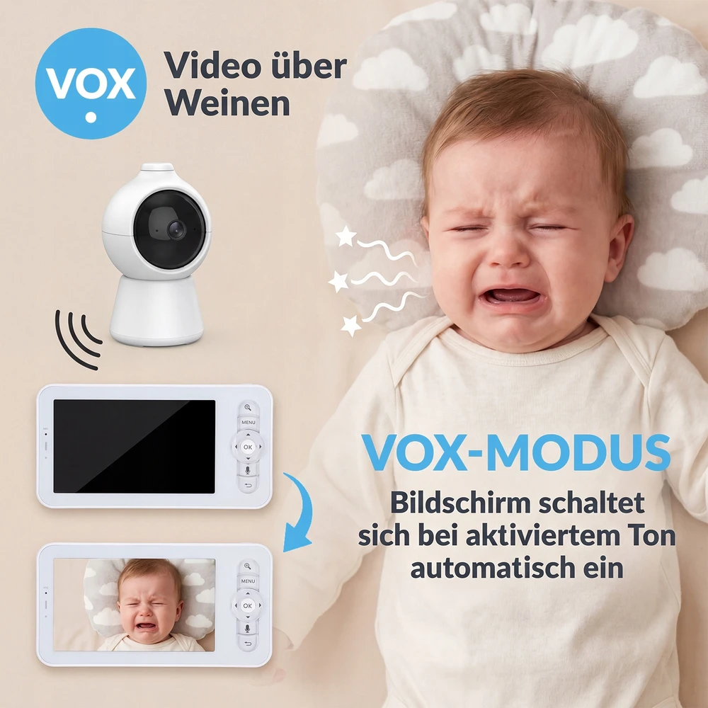 2K ELEKTRONINĖ AUKLĖ SU KAMERA, TIESIOGINĖS MONITORIUS, NAKTINIS REŽIMAS, VOX, ZOOM, 5 colių LCD EKRANAS