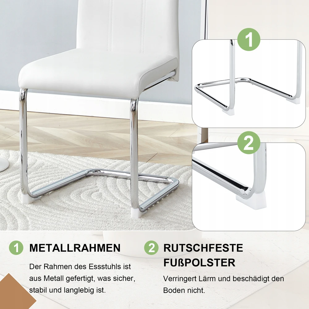 2x baltos PU minkštos valgomojo kėdės Šiuolaikinės metalinės kojos