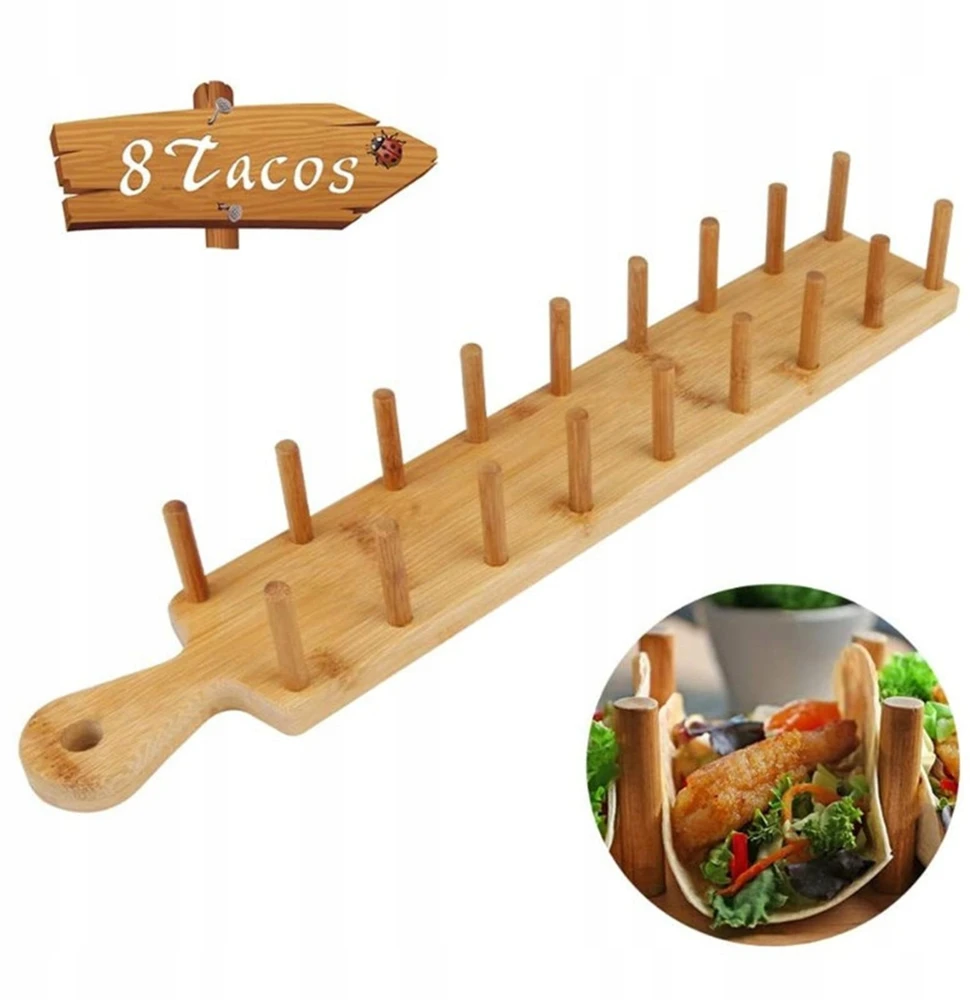2x Taco Holder Retro užkandis meksikietiški suktinukai 8 Tacos bambukinių blynų stovas