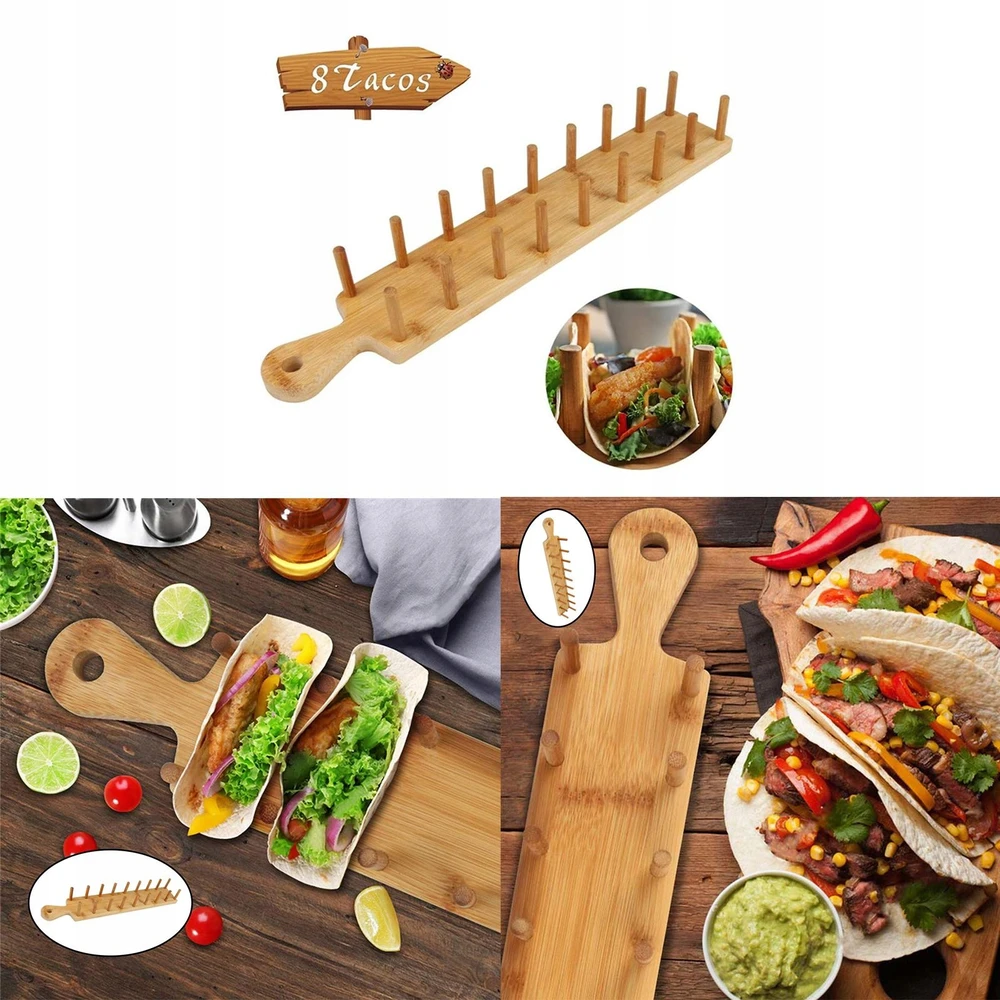 2x Taco Holder Retro užkandis meksikietiški suktinukai 8 Tacos bambukinių blynų stovas