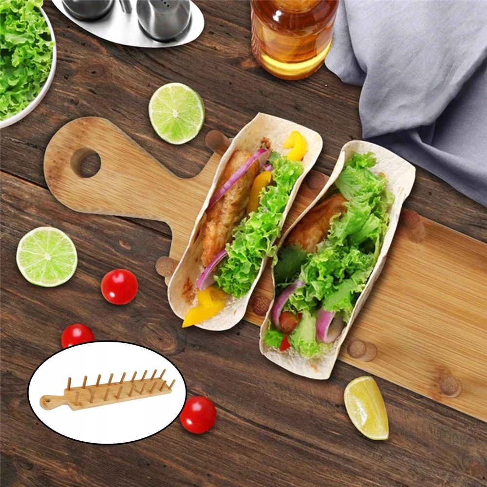 2x Taco Holder Retro užkandis meksikietiški suktinukai 8 Tacos bambukinių blynų stovas