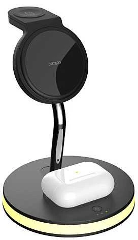 3-in-1 magnetinis belaidis įkroviklis DELTACO, telefonas/TWS/laikrodis, LED lemputė / QI-1041