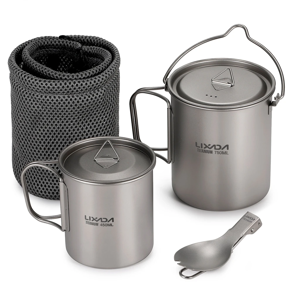 3 viename titano rinkinys: 750 ml puodelis + 420 ml vandens puodelis + šaukštas - lengvas titano puodelis