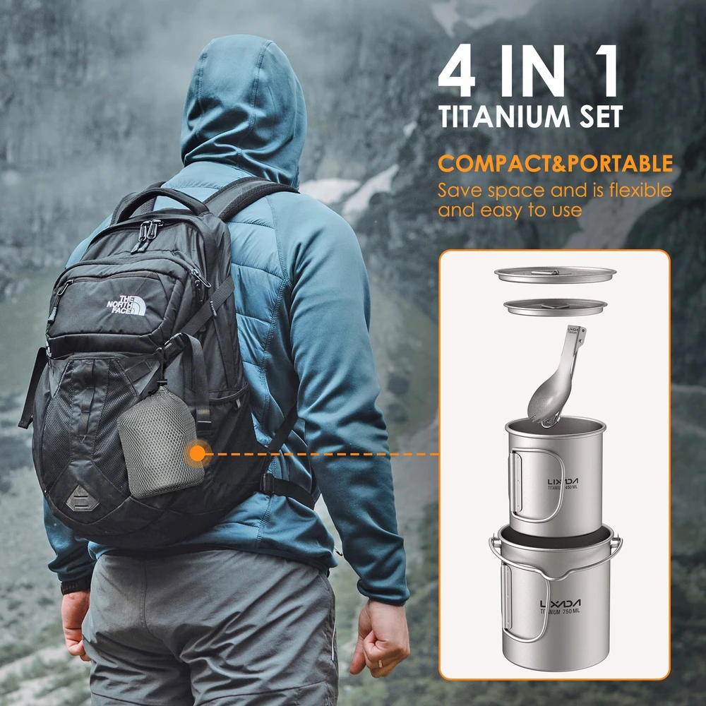 3 viename titano rinkinys: 750 ml puodelis + 420 ml vandens puodelis + šaukštas - lengvas titano puodelis
