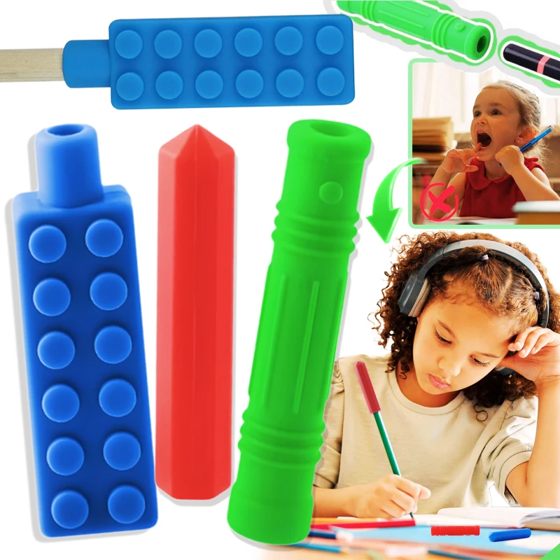 3 vnt. Logopedinis, terapinis, sensorinis pieštukų dantukas žmonėms, sergantiems ADHD ir autizmu