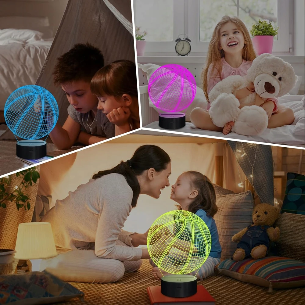 3D LED NAKTINIS LEMPAS VAIKAMS SU KREPŠINIO MOTYVU, 16 SPALVŲ, DOVANA