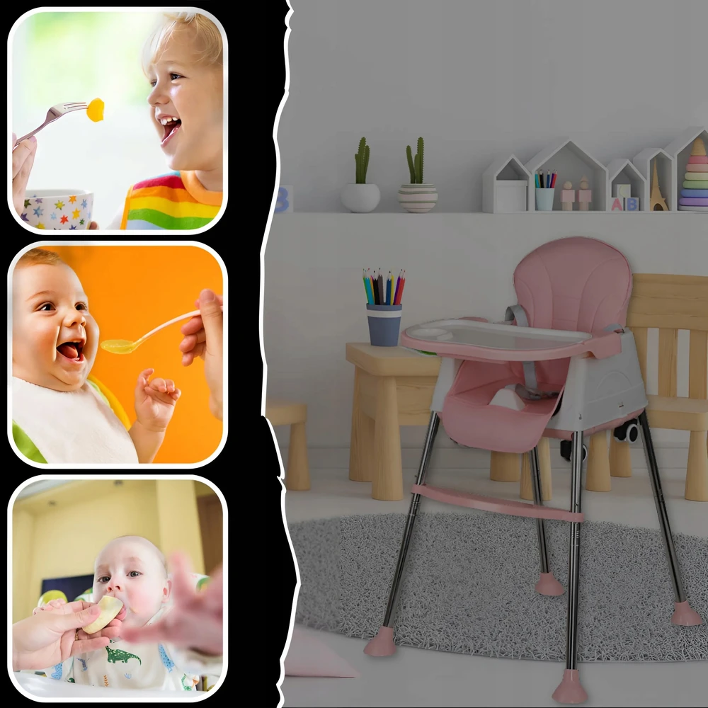 3in1 kūdikio maitinimo kėdutė, padėklas, reguliuojama sėdynė, rožinė