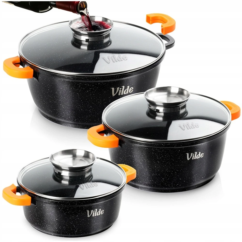 3x GRANITINIAI puodų rinkinys indukcinių dujų puodų VILDE 20 + 24 + 28 cm