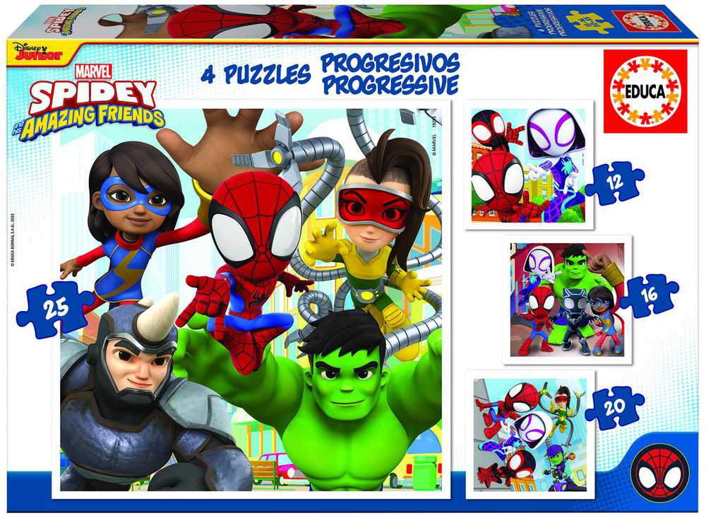 Educa 4 dėlionės SPIDEY ir AMAZING FRIENDS, 3-5 metų, 12+16+20+25 dalių