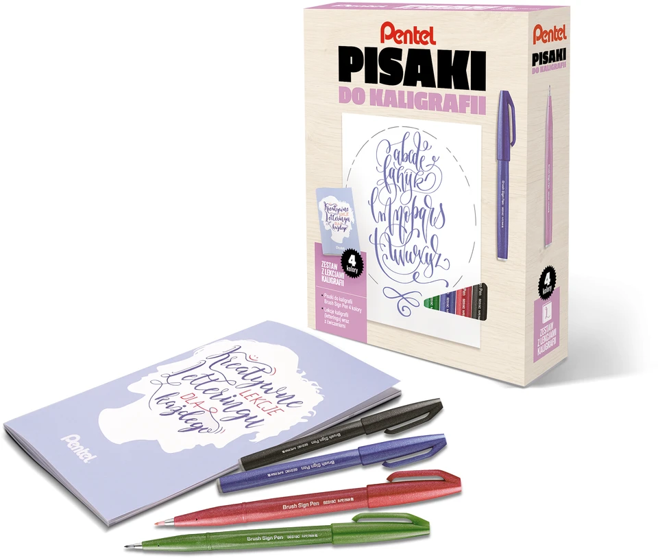 4 rašiklių rinkinys su kaligrafijos raštu rudos/oranžinės/geltonos/pilkos spalvos efgn - PENTEL