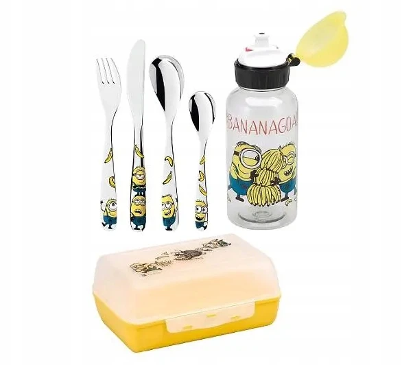 4 vaikiškų stalo įrankių rinkinys WMF Minions Knife Spoon Fork Vandens butelis