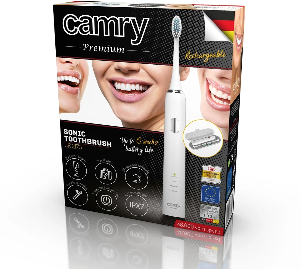 Camry Sonic Dantų šepetėlis CR 2173 Įkraunamas Suaugusiems Šepetėlių skaičius galvutės įeina 2 Number of teeth brushing modes 3 Sonic technology Baltas
