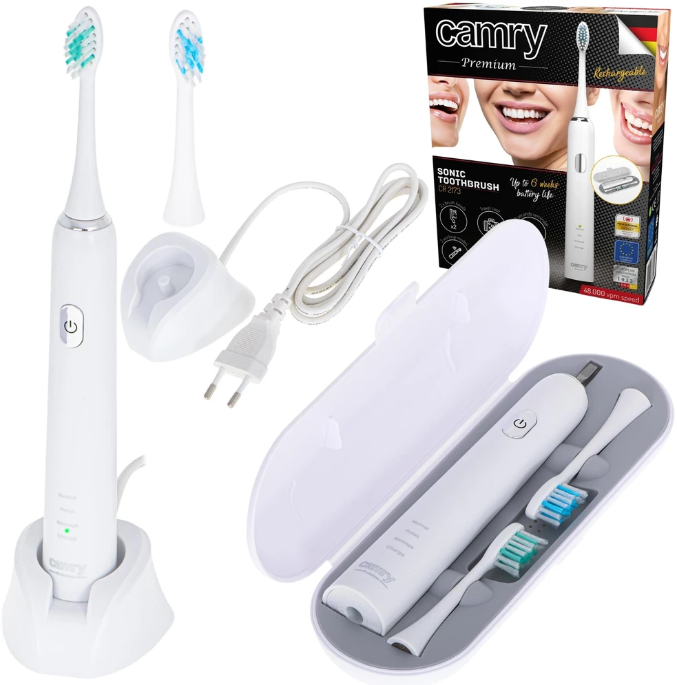 Camry Sonic Dantų šepetėlis CR 2173 Įkraunamas Suaugusiems Šepetėlių skaičius galvutės įeina 2 Number of teeth brushing modes 3 Sonic technology Baltas