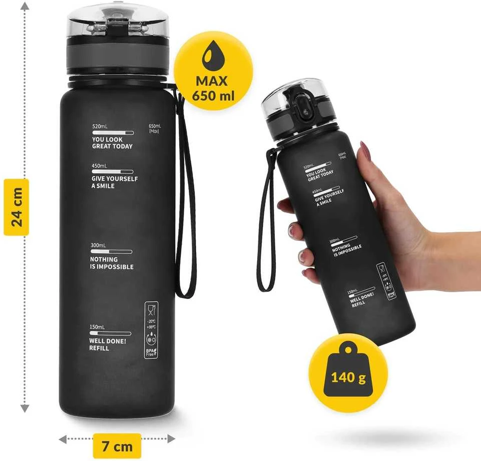 4Fizjo 650 ml juodas sportinis vandens butelis