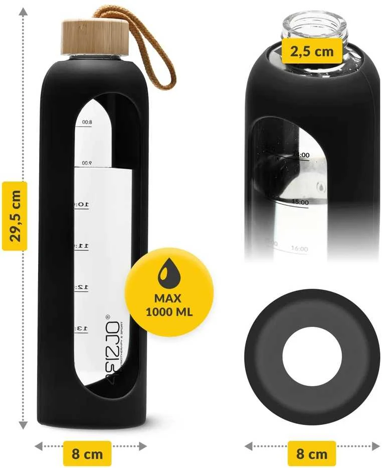 4Fizjo Stiklinis vandens butelis 1 l, juodas