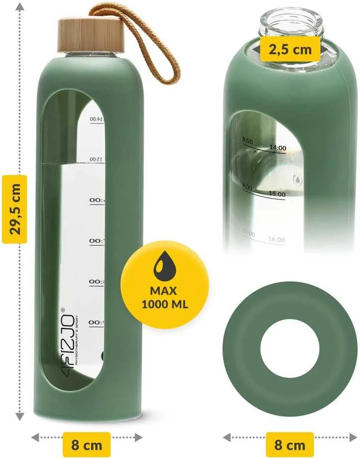 4Fizjo Stiklinis vandens butelis 1 l žalias