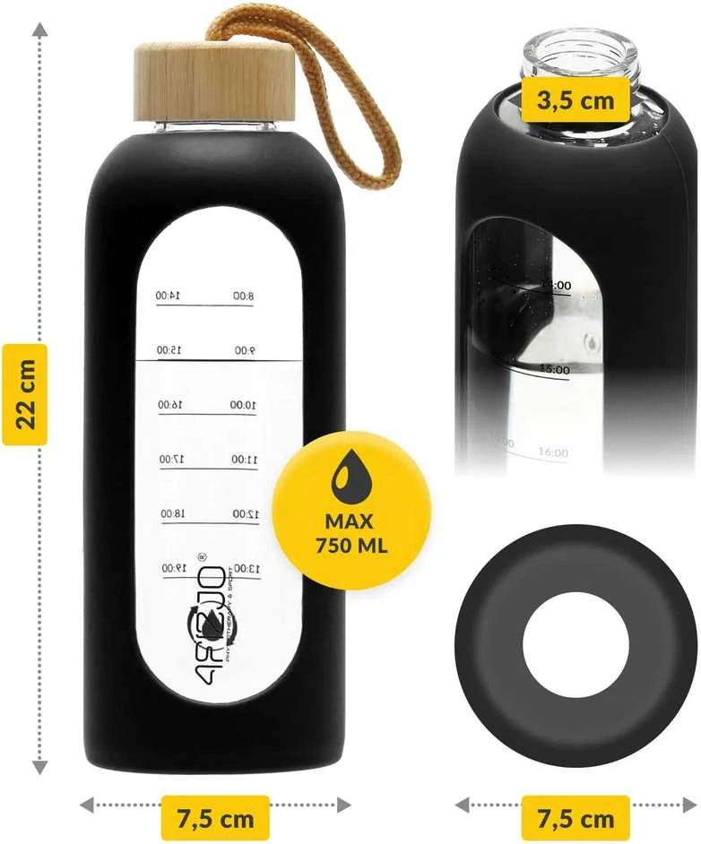 4Fizjo Stiklinis vandens butelis 750 ml, juodas