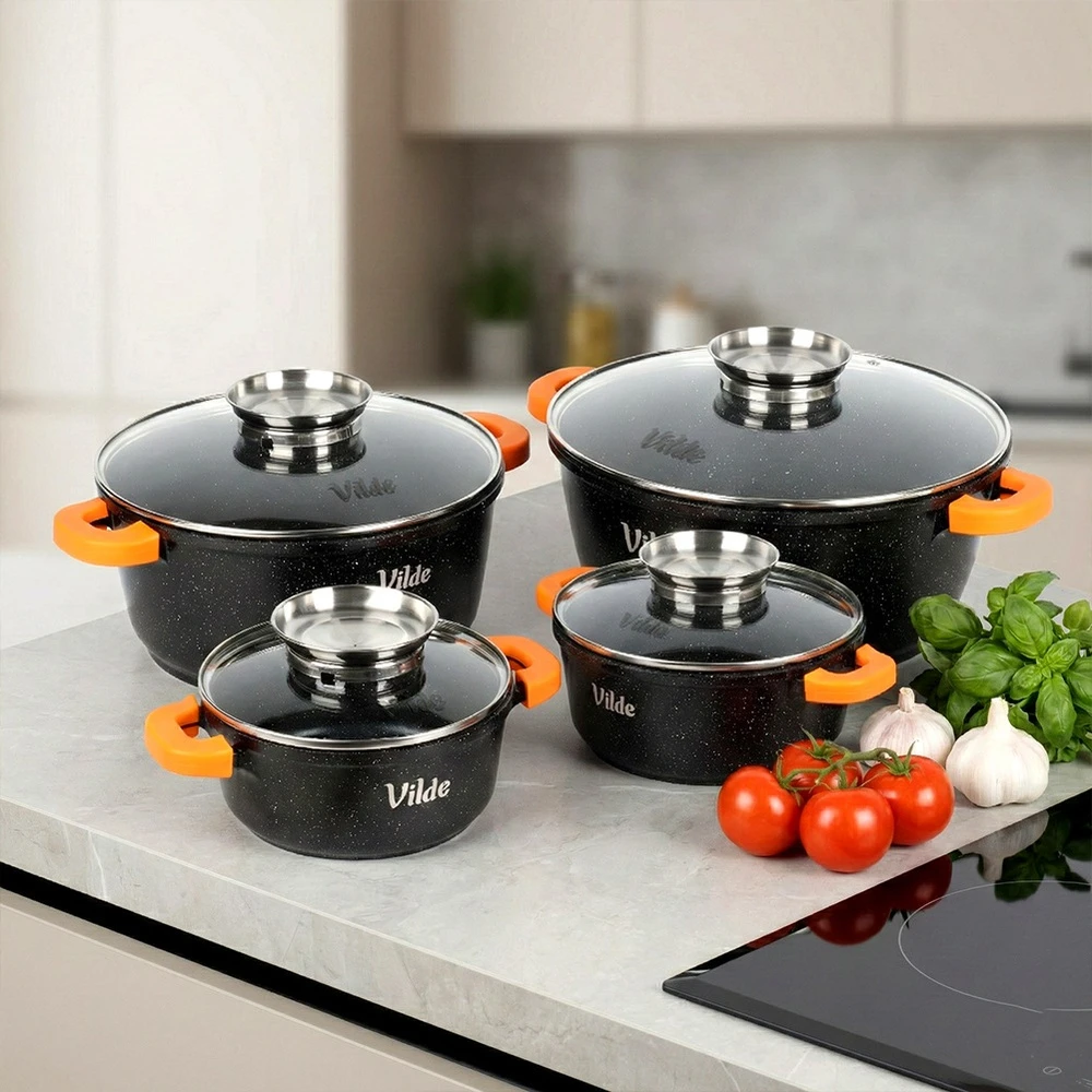 4x GRANITINIAI puodų rinkinys dujinių indukcinių puodų VILDE 16 20 24 28 cm