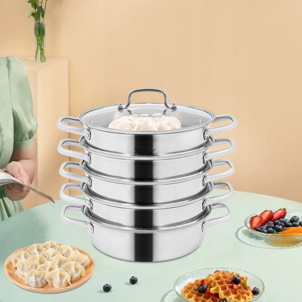 5 lygių virimo garuose puodai, 28 cm, pagaminti iš nerūdijančio plieno