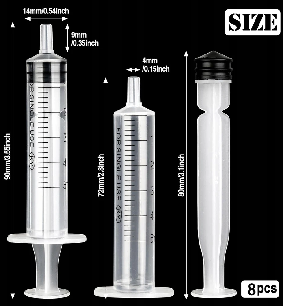 5 ml švirkštai, 8 vnt., sterilus matavimo puodelis, tikslus skysčių dozavimas