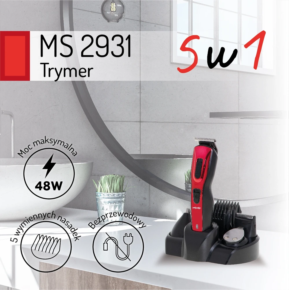 Mesko | Trimmer 5 in 1 | MS 2931 | Cordless | Juodas/Raudona