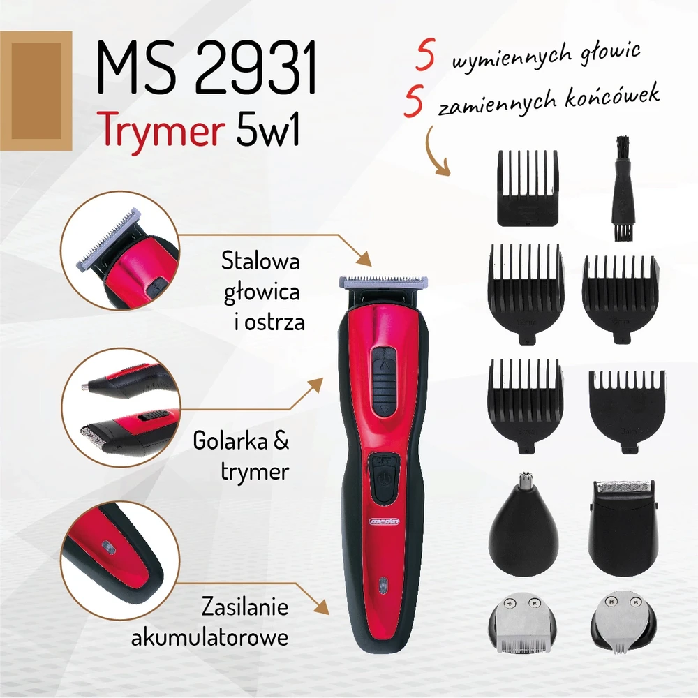 Mesko | Trimmer 5 in 1 | MS 2931 | Cordless | Juodas/Raudona