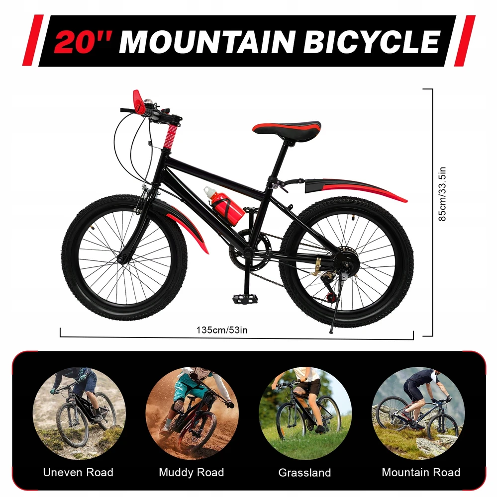 7 PAVARA. RAUDONAS 20 colių VAIKŲ MTB SPORTINIS DVIRATIS