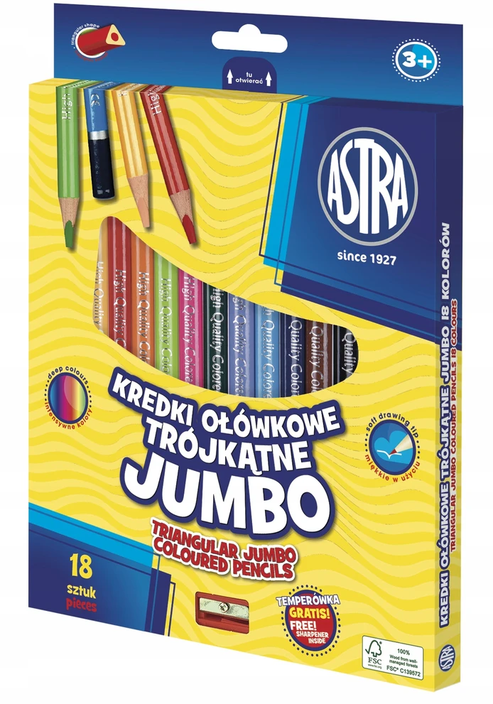 78. ASTRA Jumbo trikampės kreidelės 18 vnt + galąstuvas