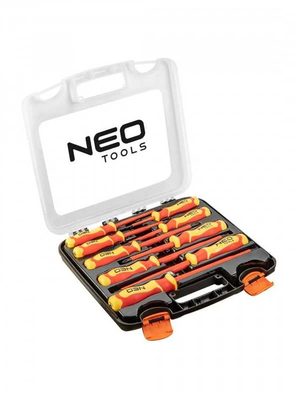 Neo 9 vnt. VDE atsuktuvų rinkinys: 0,6*3*100, 0,8*4*100, 1,0*5,5*125, 1,2*6,5*150, 1,6*8*175, PH0*3*60 mm, PH1*4,5*80 mm, PH2*6*100