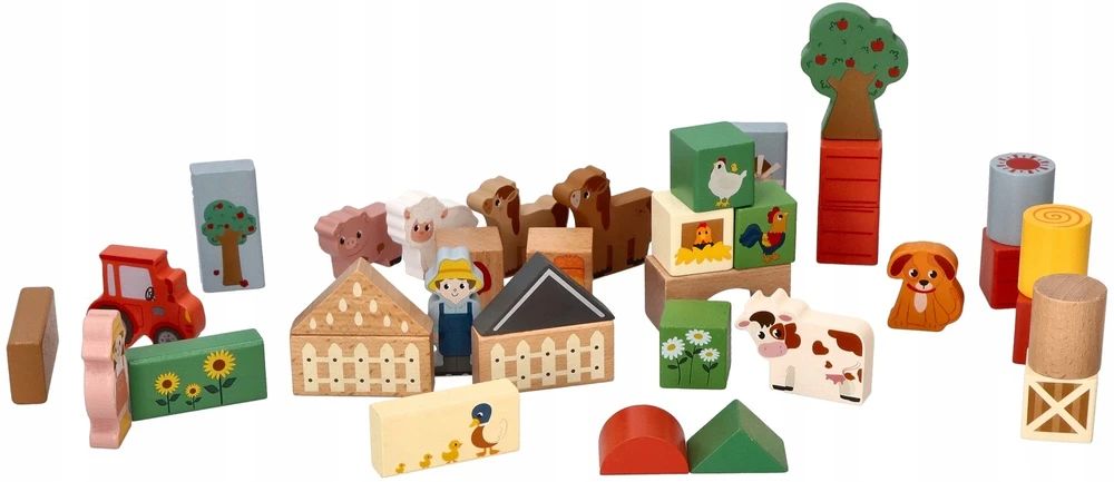 Adam Toys Medinės kaladėlės kibire Rinkinyje 36 vnt. Adamtoys krovimo ferma
