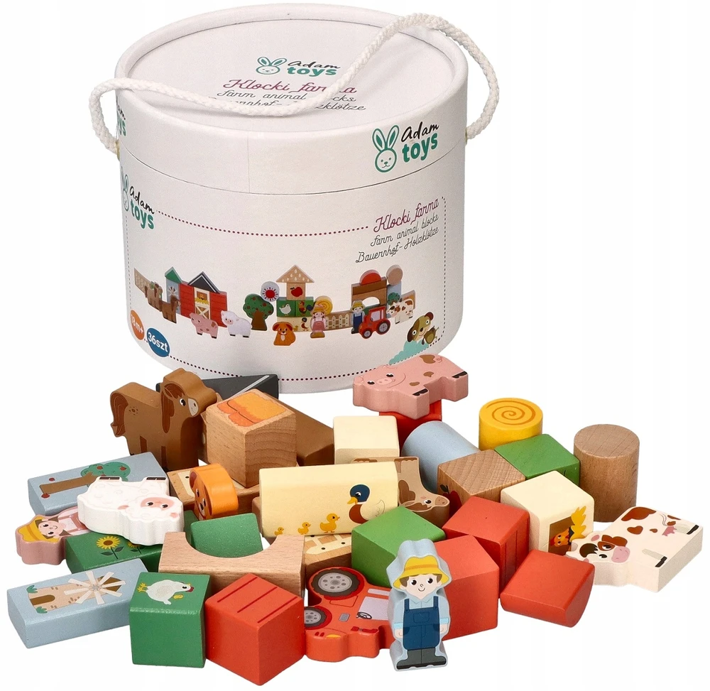 Adam Toys Medinės kaladėlės kibire Rinkinyje 36 vnt. Adamtoys krovimo ferma