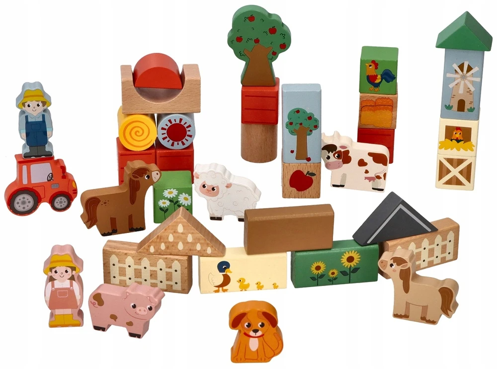 Adam Toys Medinės kaladėlės kibire Rinkinyje 36 vnt. Adamtoys krovimo ferma
