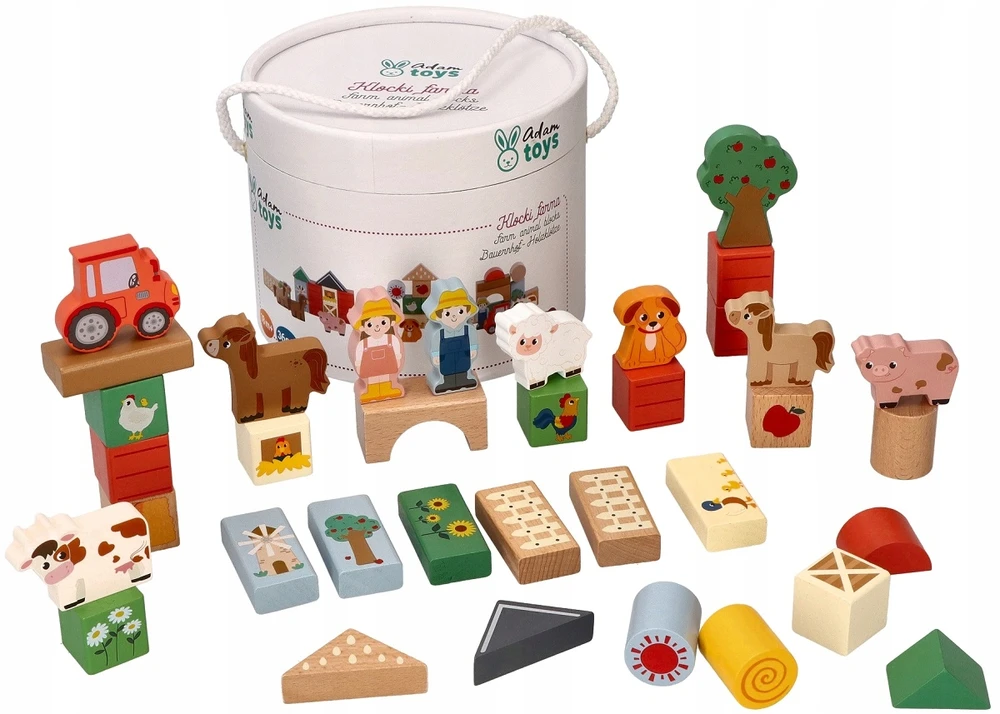 Adam Toys Medinės kaladėlės kibire Rinkinyje 36 vnt. Adamtoys krovimo ferma