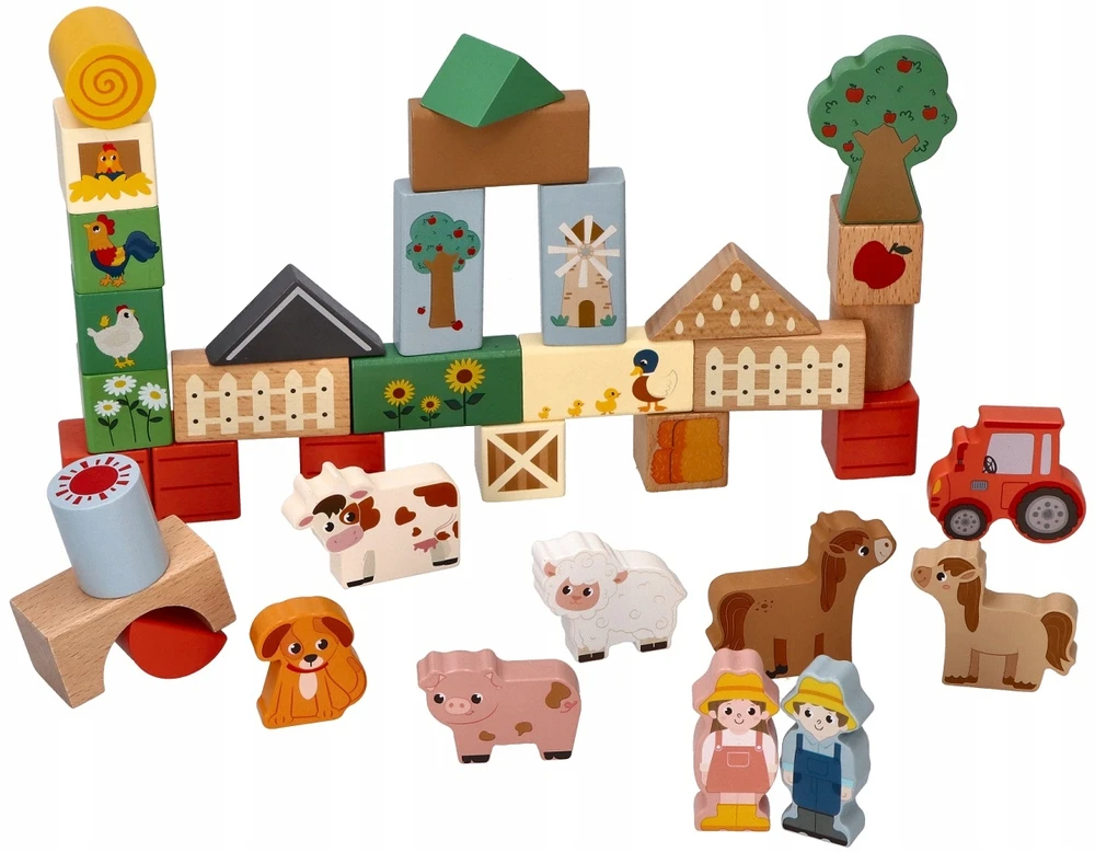 Adam Toys Medinės kaladėlės kibire Rinkinyje 36 vnt. Adamtoys krovimo ferma