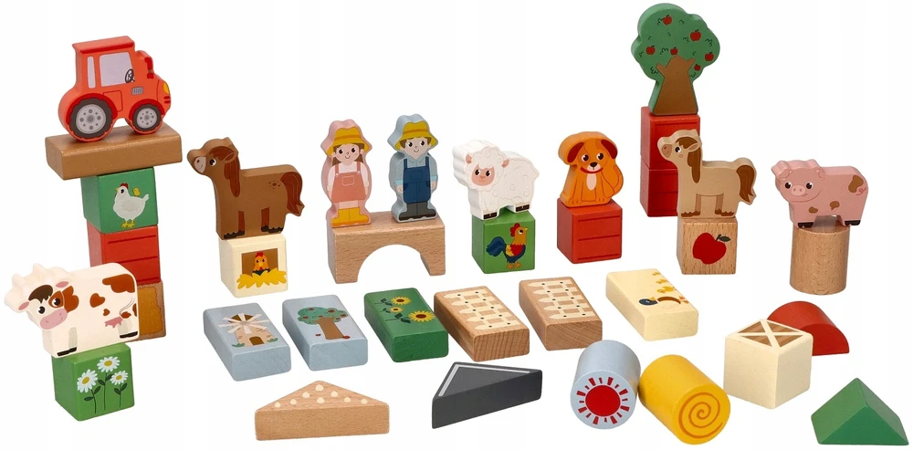 Adam Toys Medinės kaladėlės kibire Rinkinyje 36 vnt. Adamtoys krovimo ferma