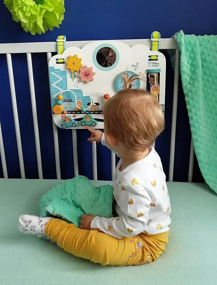 Adam Toys Medinė sensorinė veiklos lenta „Vaikų pasaulis“, skirta kūdikiams nuo 6 mėn., lavina smulkiąją motoriką, pastelė