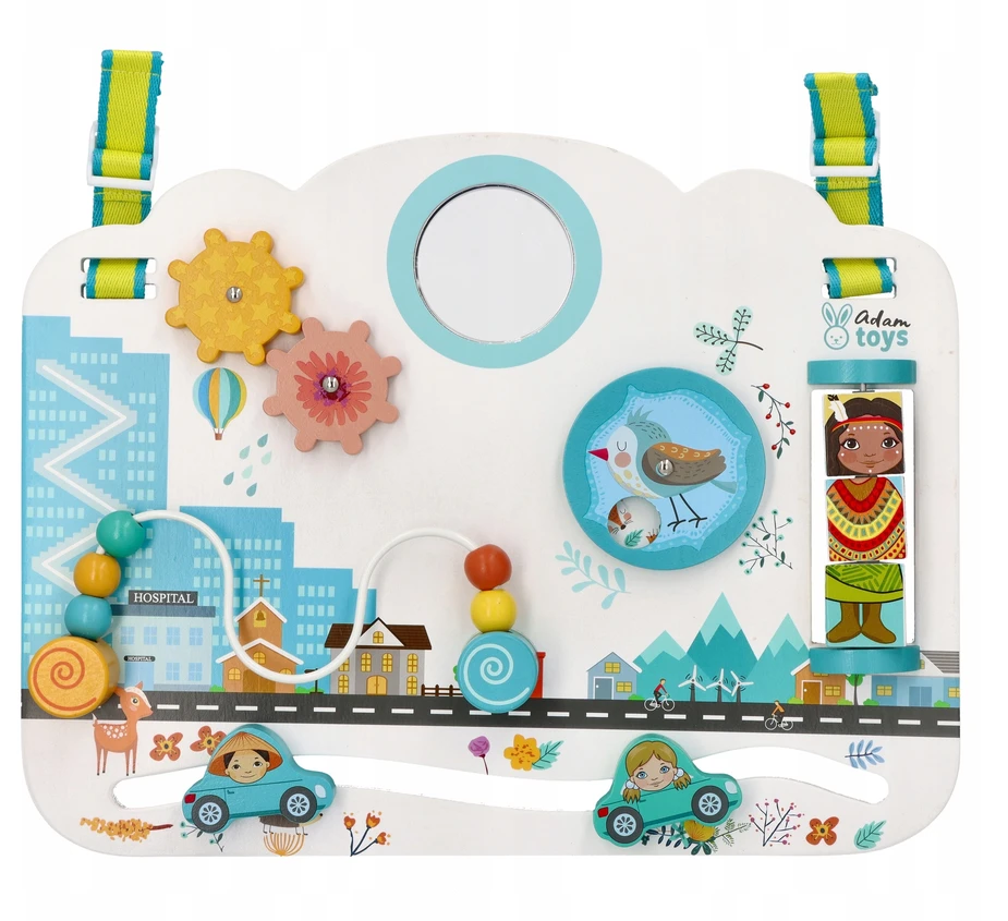 Adam Toys Medinė sensorinė veiklos lenta „Vaikų pasaulis“, skirta kūdikiams nuo 6 mėn., lavina smulkiąją motoriką, pastelė