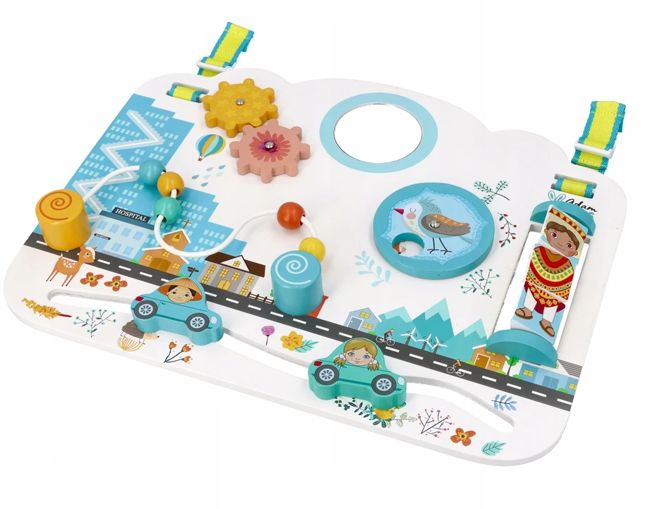 Adam Toys Medinė sensorinė veiklos lenta „Vaikų pasaulis“, skirta kūdikiams nuo 6 mėn., lavina smulkiąją motoriką, pastelė