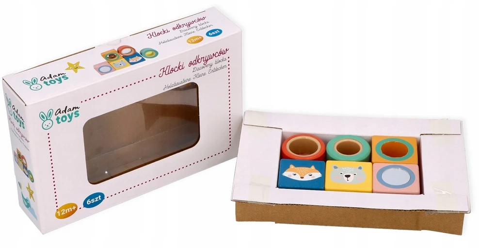 Adam Toys Sensorinių pojūčių mediniai lavinamieji kaladėlės vaikams nuo 12 mėn., 6 spalvų rinkinys