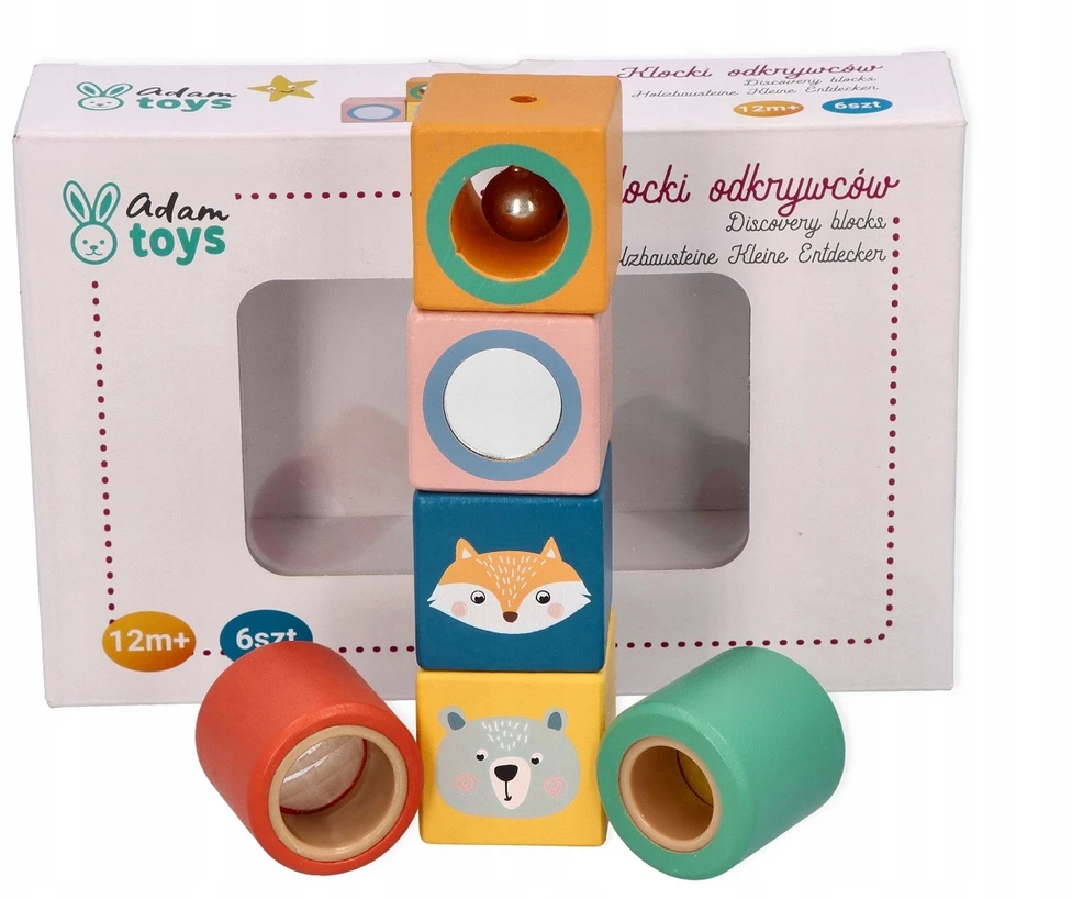Adam Toys Sensorinių pojūčių mediniai lavinamieji kaladėlės vaikams nuo 12 mėn., 6 spalvų rinkinys