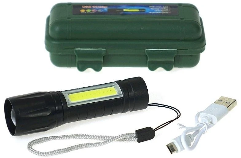 Adar LED žibintuvėlis metaliniame dėkle, USB įkrovimo laidas + plastikinė dėžutė