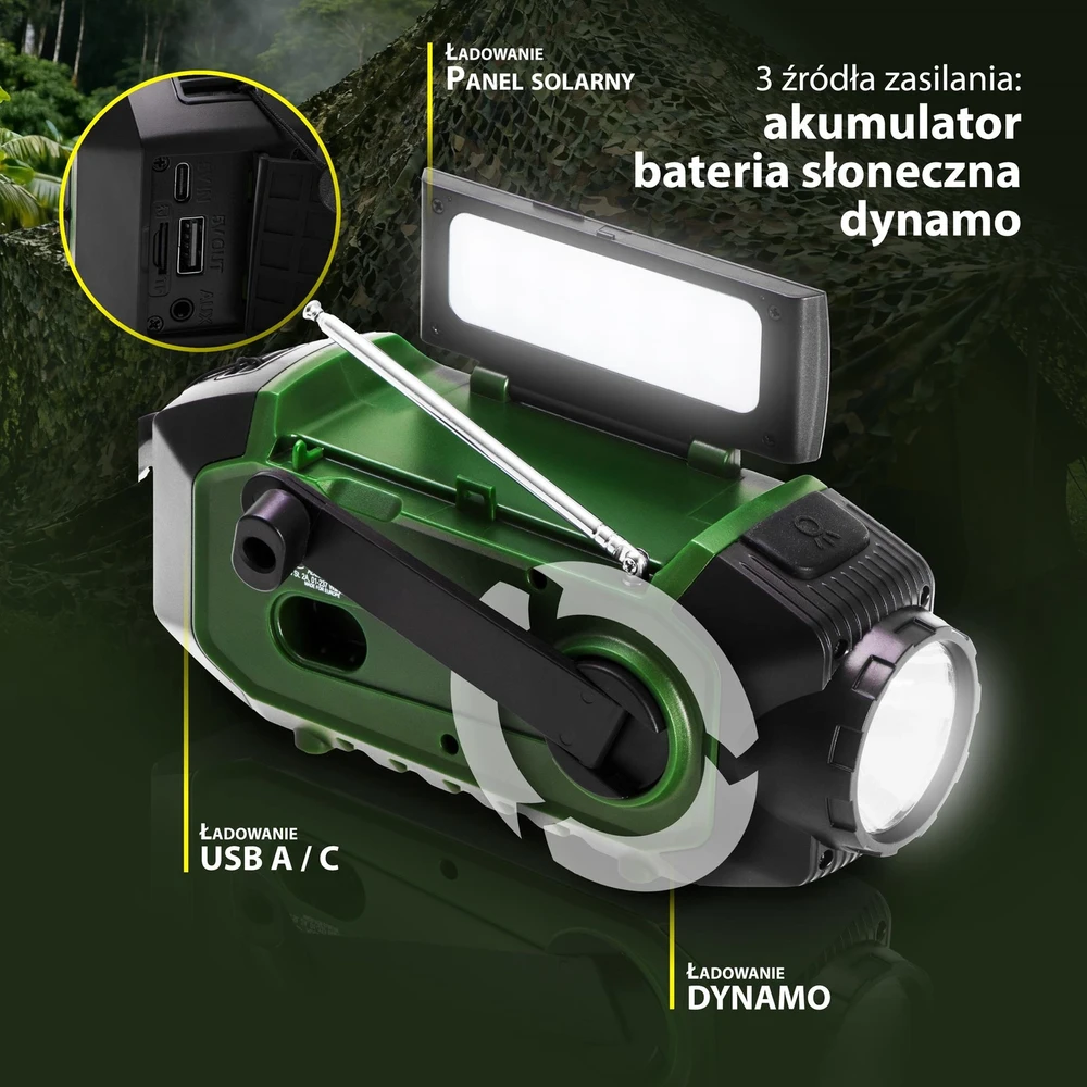 Adler Avarinis radijas 4000 mAh, saulės baterija, švaistiklis, Bluetooth, maitinimo blokas Camry CR 1919