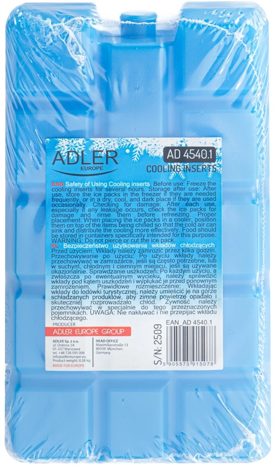 Adler AD 4540.1 400 ml aušinimo įdėklas termokrepšiams ir kelioniniams aušintuvams, kompaktiškas ledo paketas,