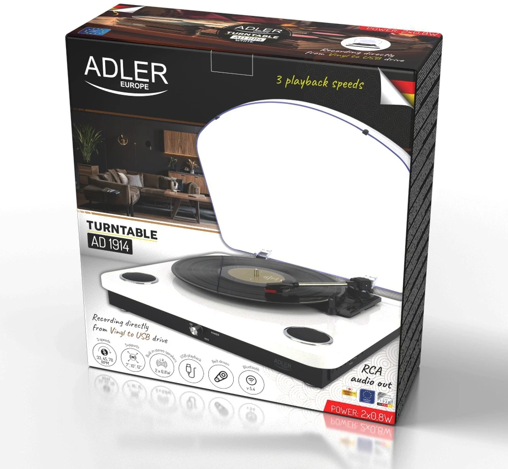Patefonas Adler AD-1914W su USB ir Bluetooth, baltos spalvos