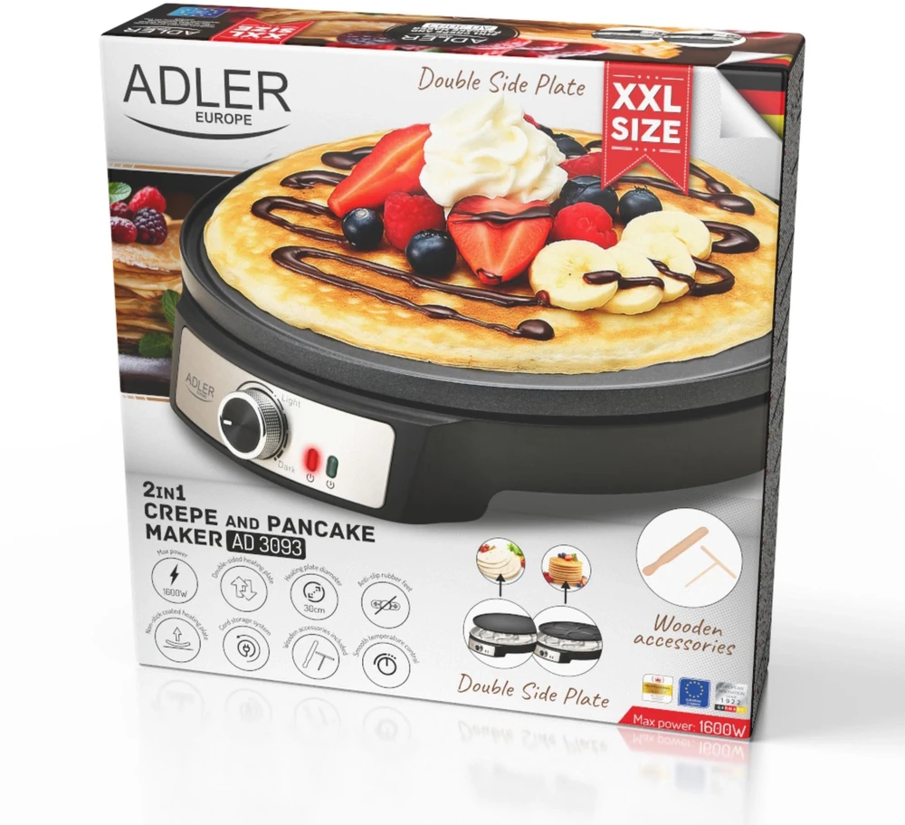 Vaflinė Adler AD 3093 Dvipusė elektrinė blyninė 2 viename Juodas